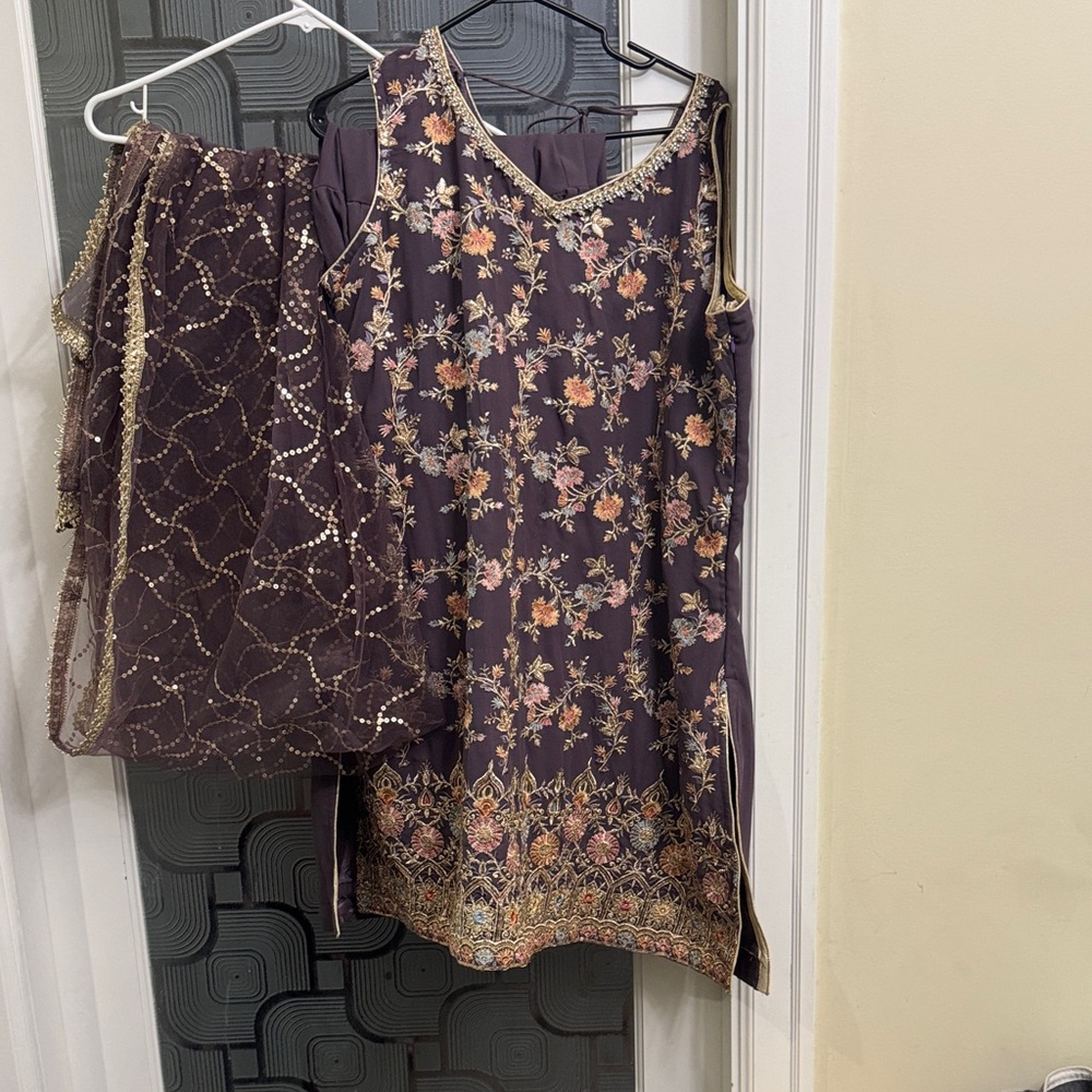 Floral Embroidered Purple Dress with Matching Shawl